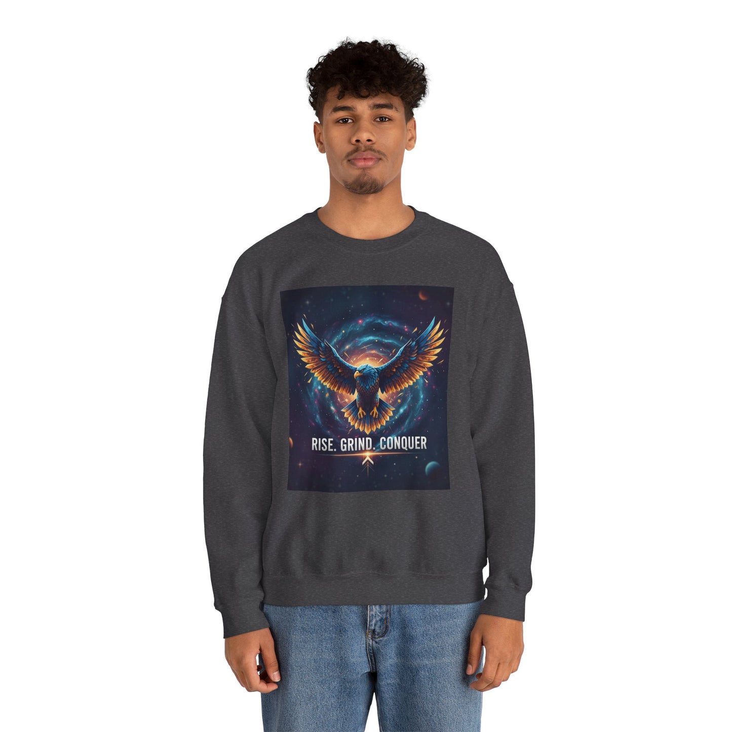 Cosmic Inspirational Sweatshirt - Rise, Grind, Conquer, Motivational Apparel, Unisex Crewneck, Casual Wear, Gift for Dreamers