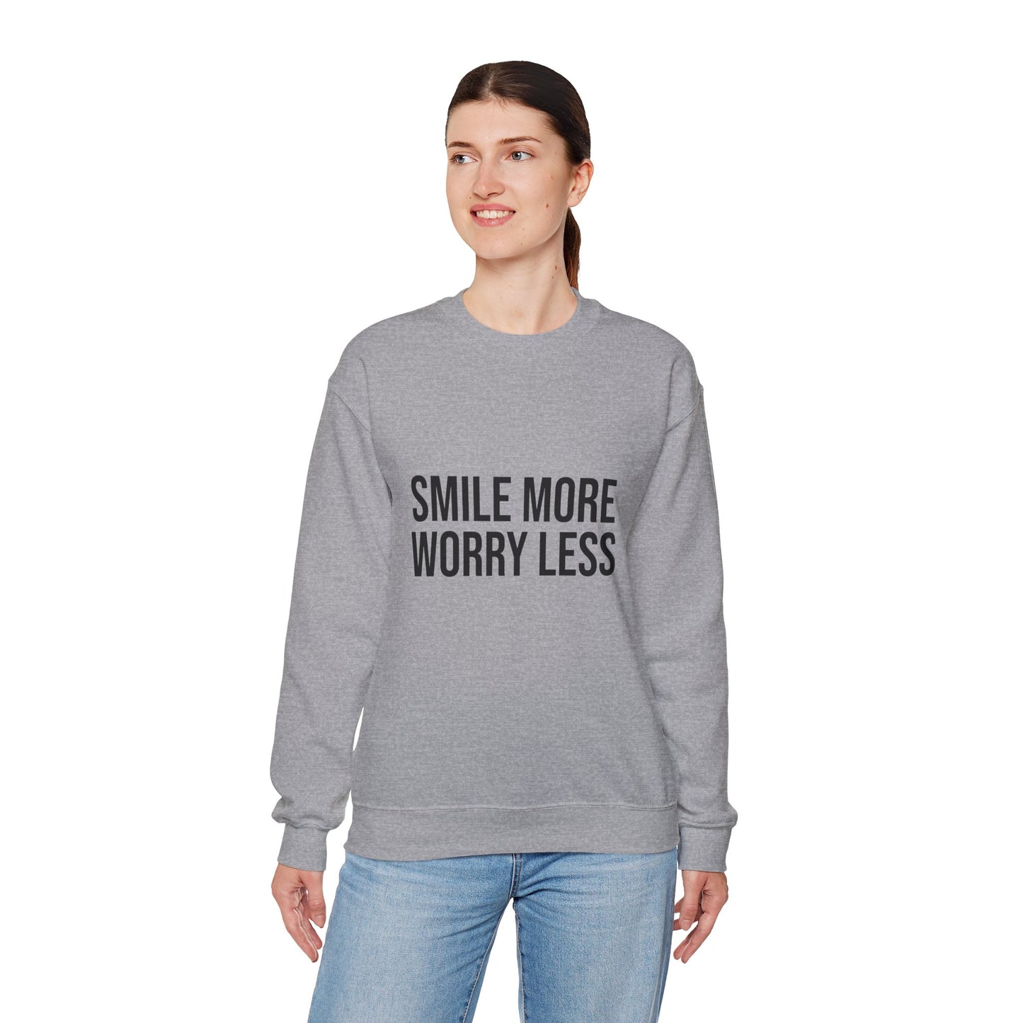 Unisex Inspirational Crewneck Sweatshirt - Smile More Worry Less, Cozy Gift for Friends, Relaxed Style, Casual Wear, Positive Vibes