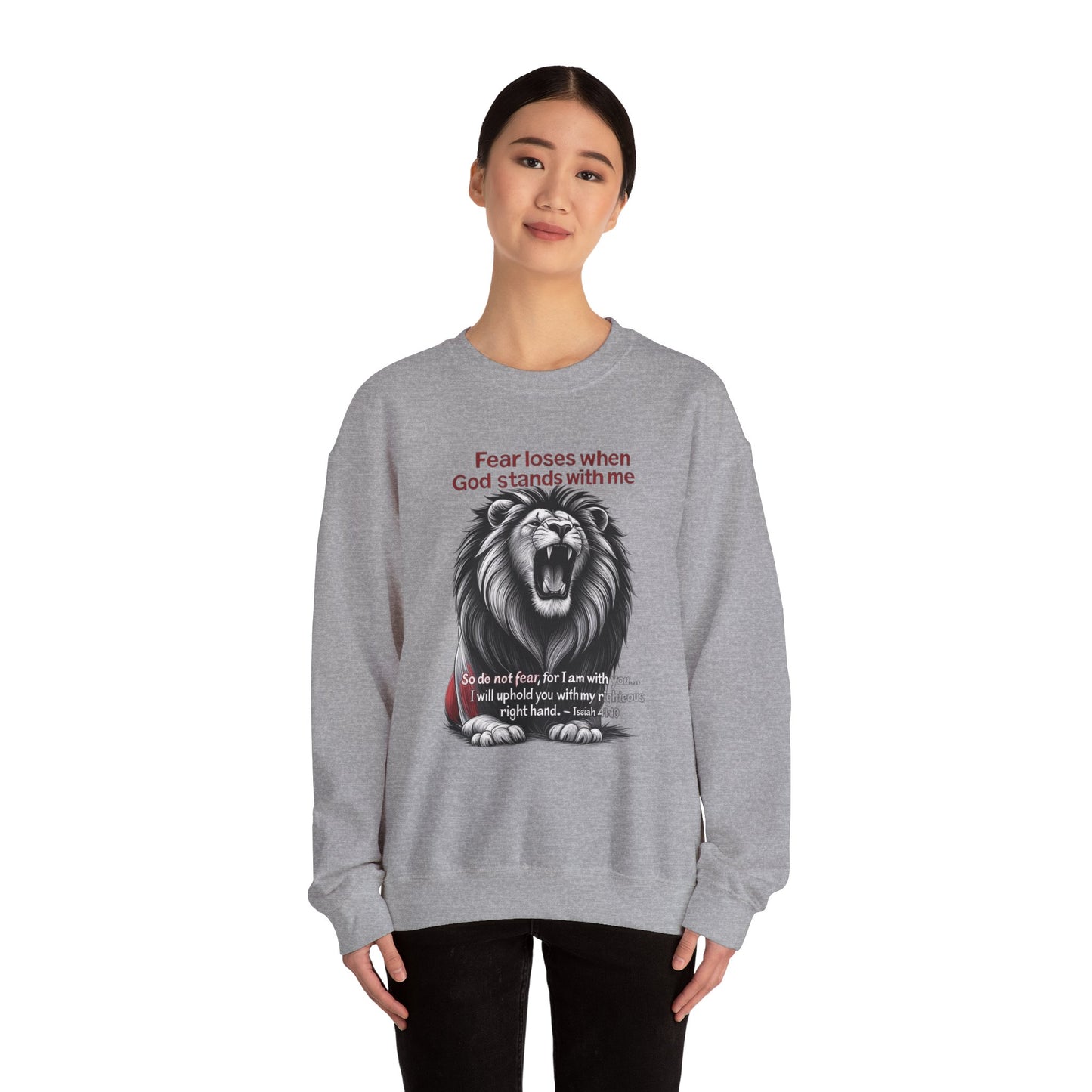 Fearless Lion Inspirational Crewneck Sweatshirt, Motivational Gift, Unisex Apparel, Cozy Sweatshirt, Christian Quote Sweatshirt