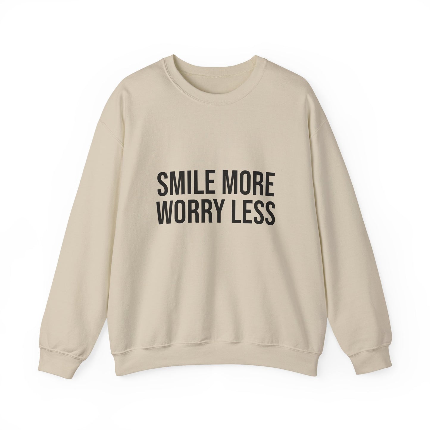 Unisex Inspirational Crewneck Sweatshirt - Smile More Worry Less, Cozy Gift for Friends, Relaxed Style, Casual Wear, Positive Vibes