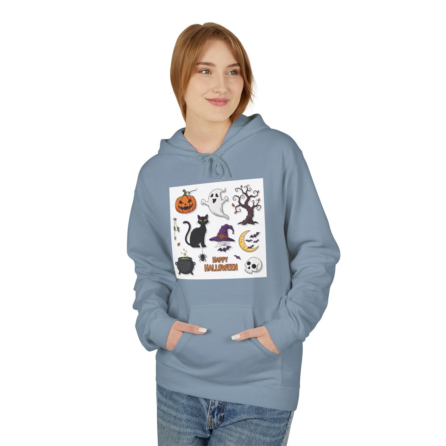 Halloween Cute Cat Fleece Hoodie, Spooky Season Apparel, Unisex Sweatshirt, Fall Fashion, Cozy Gift for Halloween Lovers