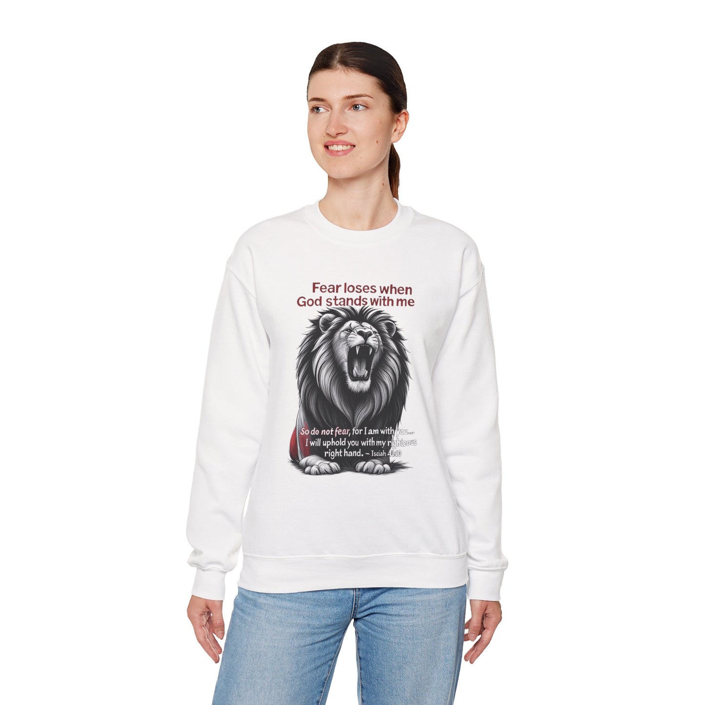 Fearless Lion Inspirational Crewneck Sweatshirt, Motivational Gift, Unisex Apparel, Cozy Sweatshirt, Christian Quote Sweatshirt