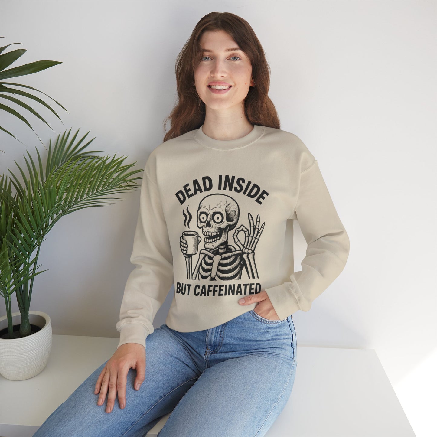 Caffeinated Skeleton Crewneck Sweatshirt - Cozy Unisex Pullover, Fun Halloween Gift, Casual Fashion, Spooky Lounge Wear, Everyday Comfort