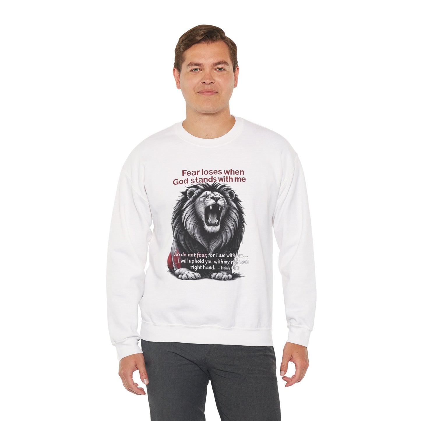 Fearless Lion Inspirational Crewneck Sweatshirt, Motivational Gift, Unisex Apparel, Cozy Sweatshirt, Christian Quote Sweatshirt