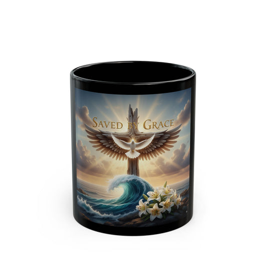 Spiritual Black Mug with Design - Saved by Grace, Faith Gift, Inspirational Coffee Cup, Religious Tea Mug, Unique Home Décor