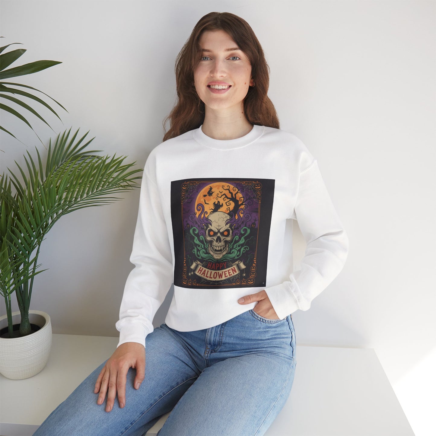 Halloween Skull Graphic Crewneck Sweatshirt, Spooky Sweatshirt, Unisex Halloween Apparel, Fall Fashion, Cozy Sweatshirt