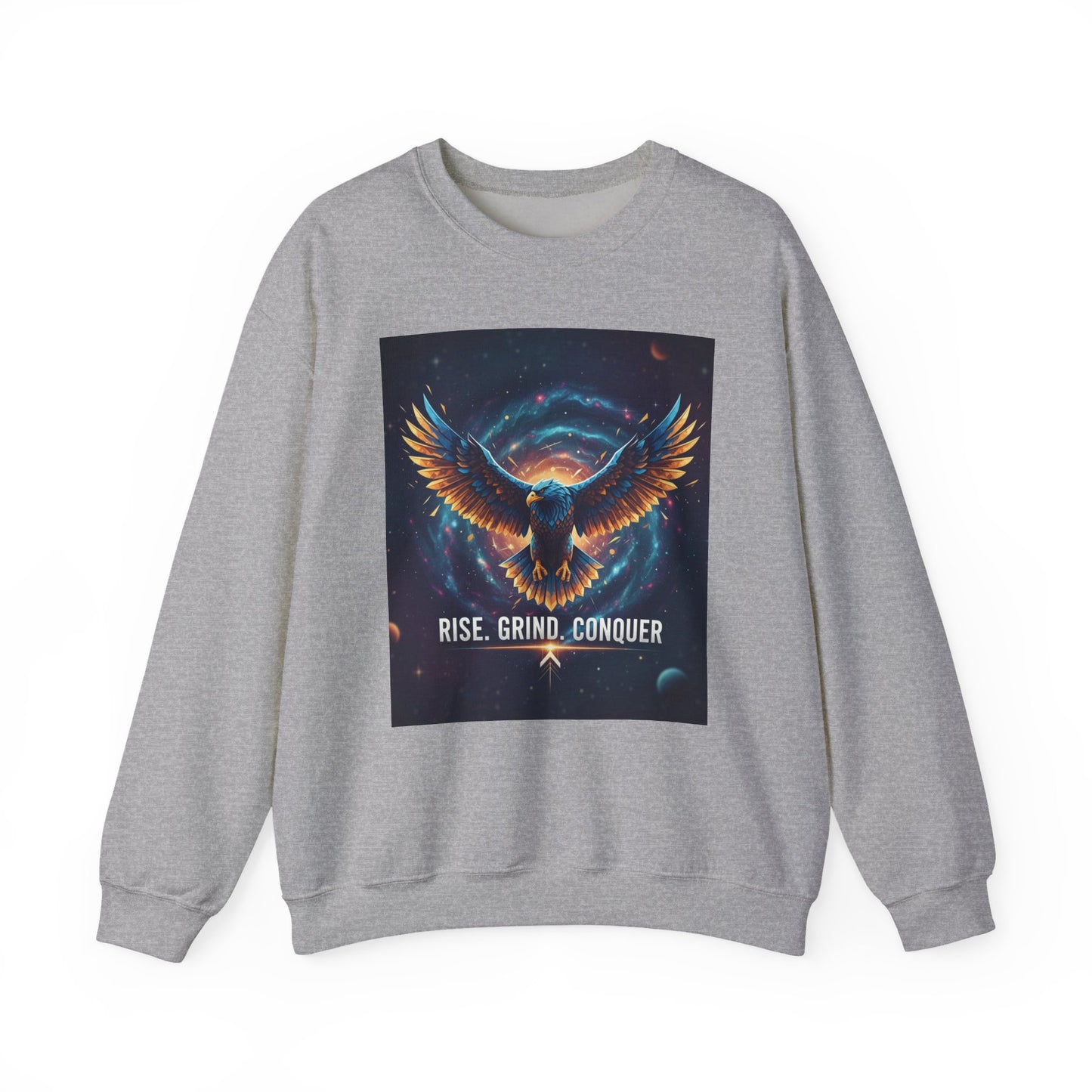 Cosmic Inspirational Sweatshirt - Rise, Grind, Conquer, Motivational Apparel, Unisex Crewneck, Casual Wear, Gift for Dreamers
