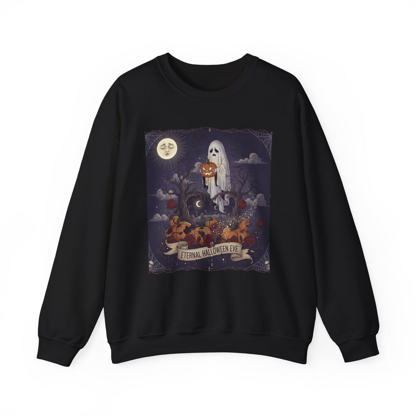 Eternal Halloween Crewneck Sweatshirt, Cozy Ghost Artwork, Unisex Sweater for Fall, Halloween Casual Wear, Spooky Season Gift