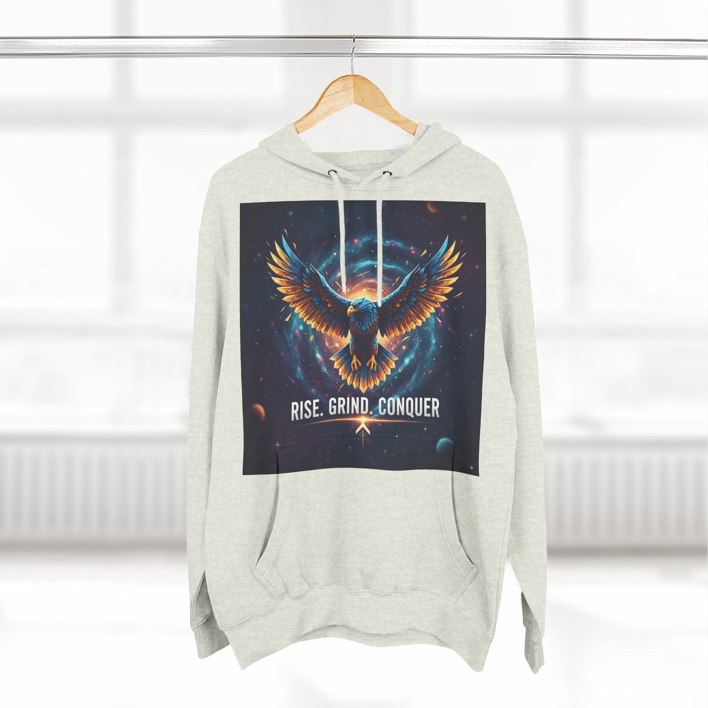 Motivational Fleece Hoodie, Rise Grind Conquer Sweatshirt, Gift for Gym Lovers, Inspirational Casual Wear, Cozy Fitness Apparel