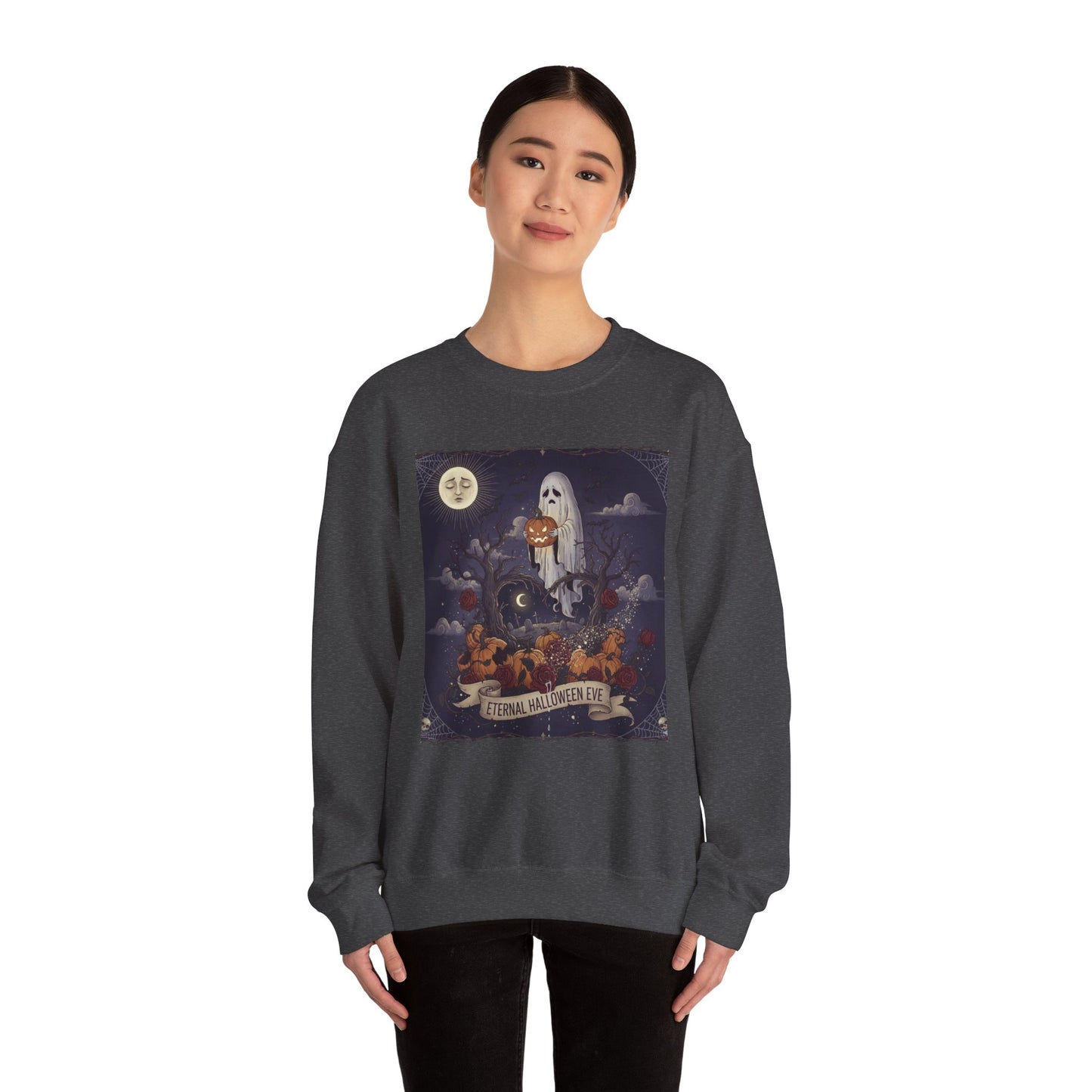 Eternal Halloween Crewneck Sweatshirt, Cozy Ghost Artwork, Unisex Sweater for Fall, Halloween Casual Wear, Spooky Season Gift