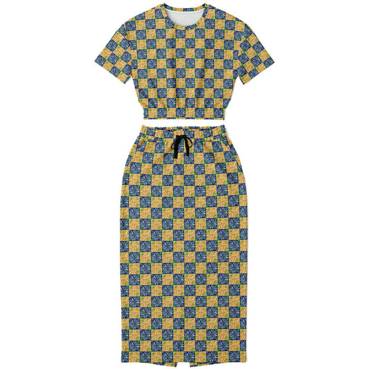 Athletic Cropped Short Sleeve Sweatshirt and Long Pocket Skirt Set – AOP
