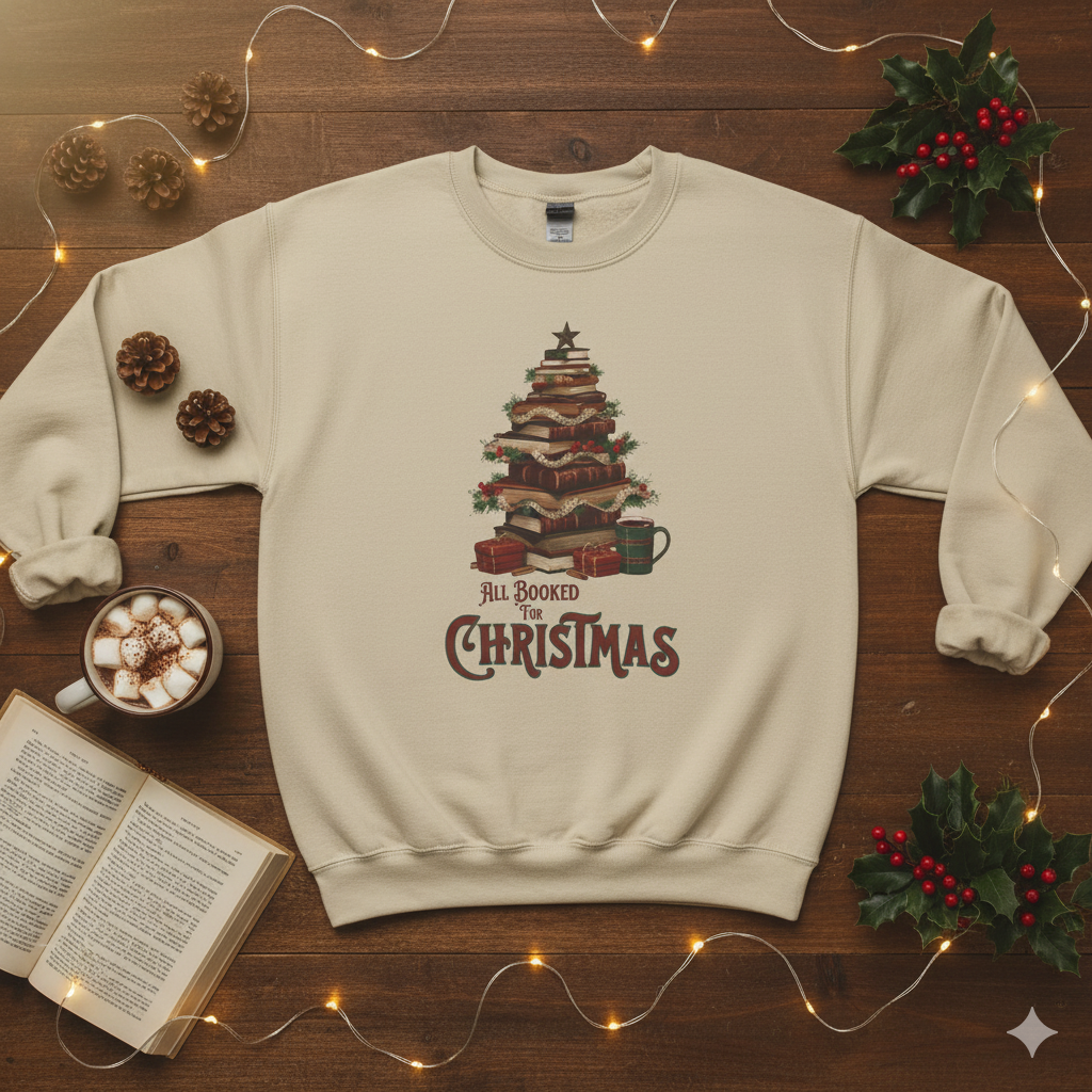 All Booked Christmas Sweatshirt, Cozy Holiday Wear, Gift for Book Lovers, Winter Apparel, Festive Crewneck
