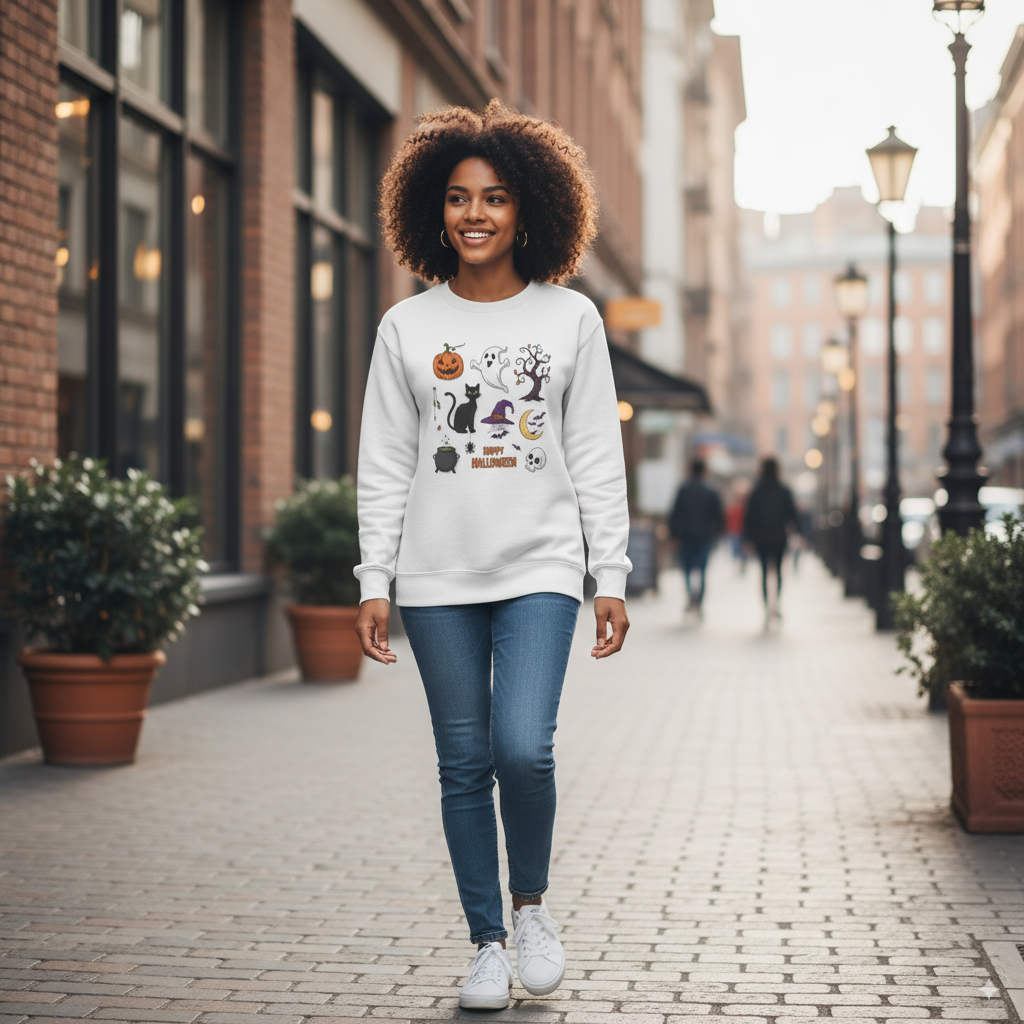 Halloween Spirit Crewneck Sweatshirt - Unisex, Cozy Halloween Gift, Fall Apparel, Spooky Season Sweater, Ghost & Pumpkin Sweatshirt