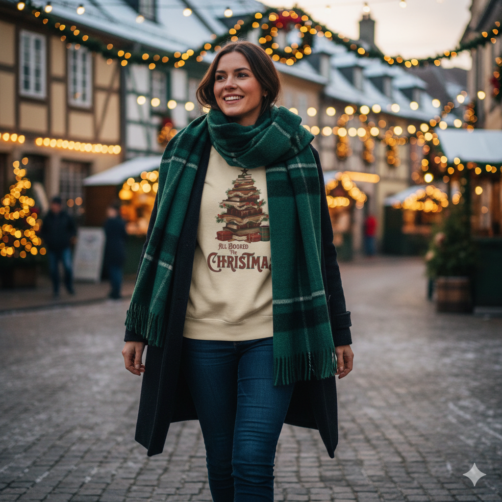 All Booked Christmas Sweatshirt, Cozy Holiday Wear, Gift for Book Lovers, Winter Apparel, Festive Crewneck