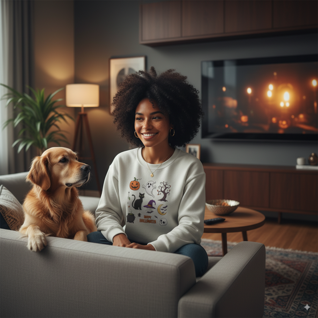 Halloween Spirit Crewneck Sweatshirt - Unisex, Cozy Halloween Gift, Fall Apparel, Spooky Season Sweater, Ghost & Pumpkin Sweatshirt