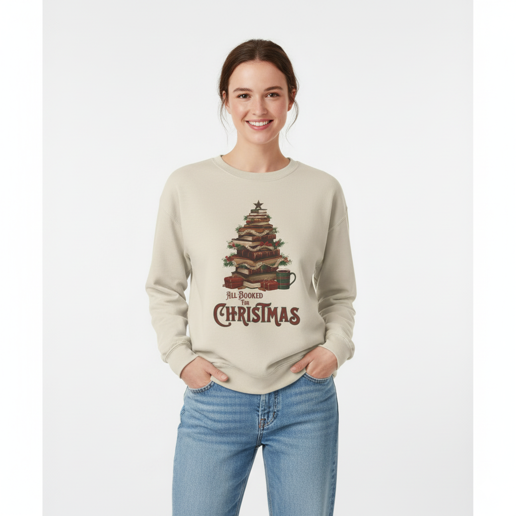 All Booked Christmas Sweatshirt, Cozy Holiday Wear, Gift for Book Lovers, Winter Apparel, Festive Crewneck