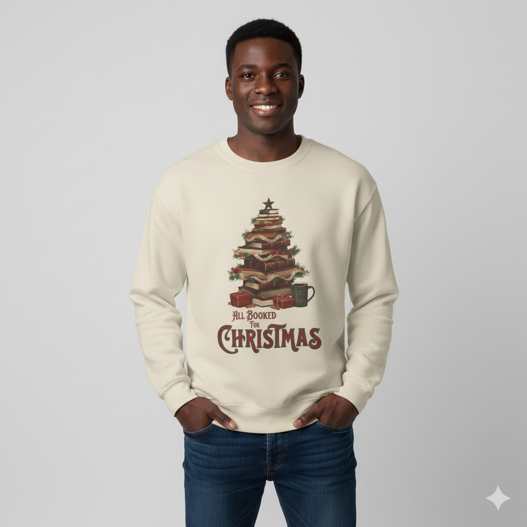 All Booked Christmas Sweatshirt, Cozy Holiday Wear, Gift for Book Lovers, Winter Apparel, Festive Crewneck